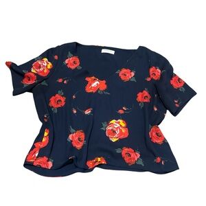 Aritzia Babaton Randy Blouse Navy Red Floral V-Neck Medium